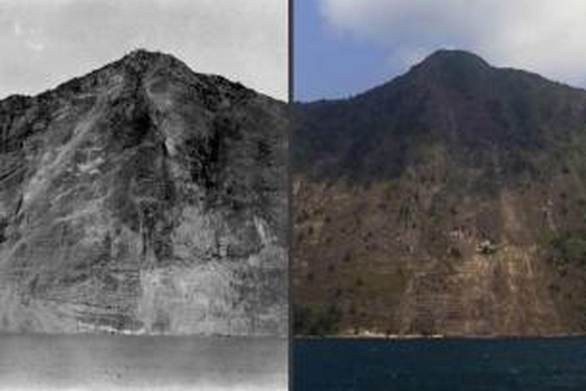 Gunung rakata di sebelah selatan Gunung Anak Krakatau, 13 Mei 1929 (kiri). Foto yang sama persis direkam 15 Agustus 2011. Gunung menjadi bagian dari Gunung Krakatau purba yang meletus 150.000 tahun lalu.