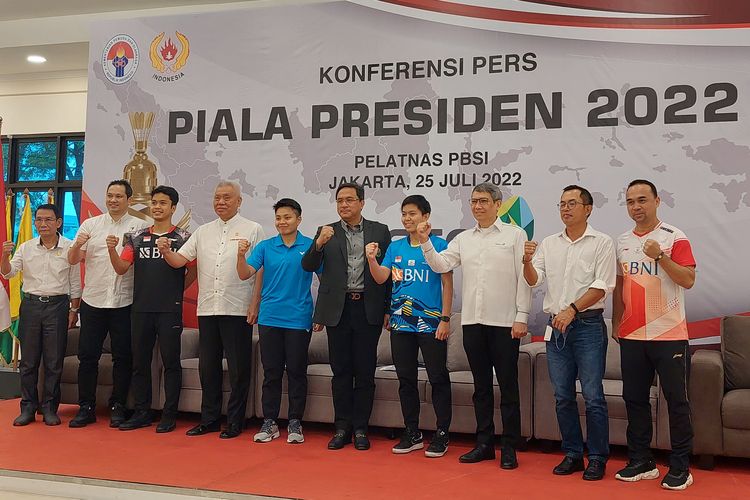 Konferensi pers kejuaraan bulu tangkis Piala Presiden 2022 di Pelatnas PBSI, Cipayung, Jakarta Timur, Senin (25/7/2022). 