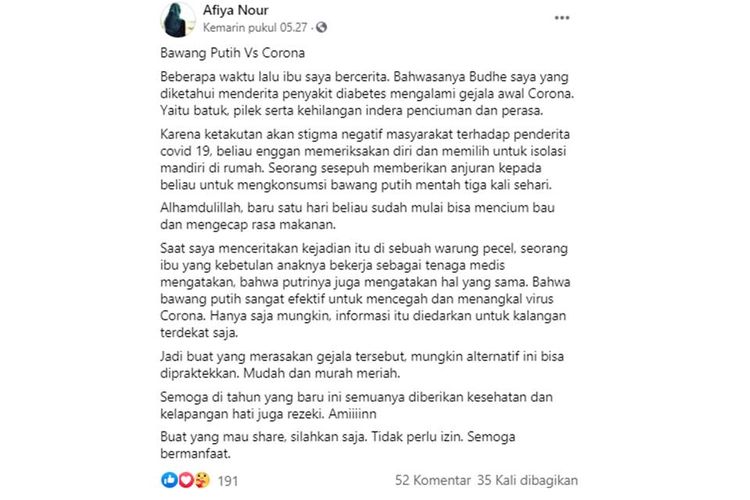 Beredar narasi yang menyebutkan bawang putih bisa menangkal virus corona.