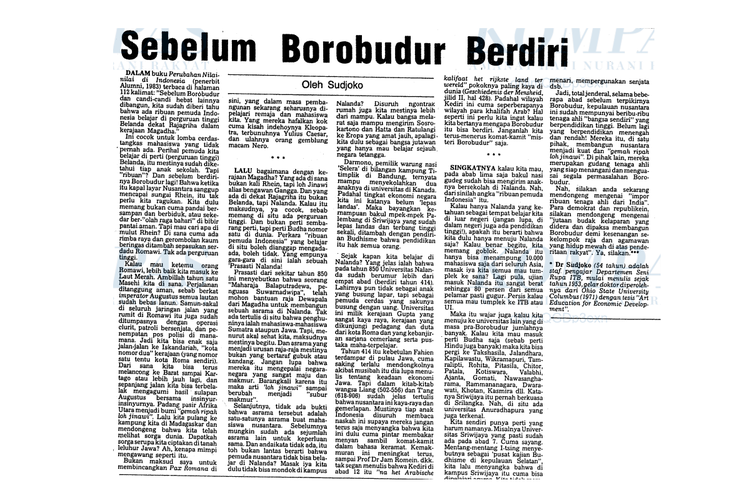 Tangkap layar artikel mendiang Guru Besar Emeritus FSRD ITB, Sudjoko, di harian Kompas edisi 23 Februari 1983, berjudul Sebelum Borobudur Berdiri.
