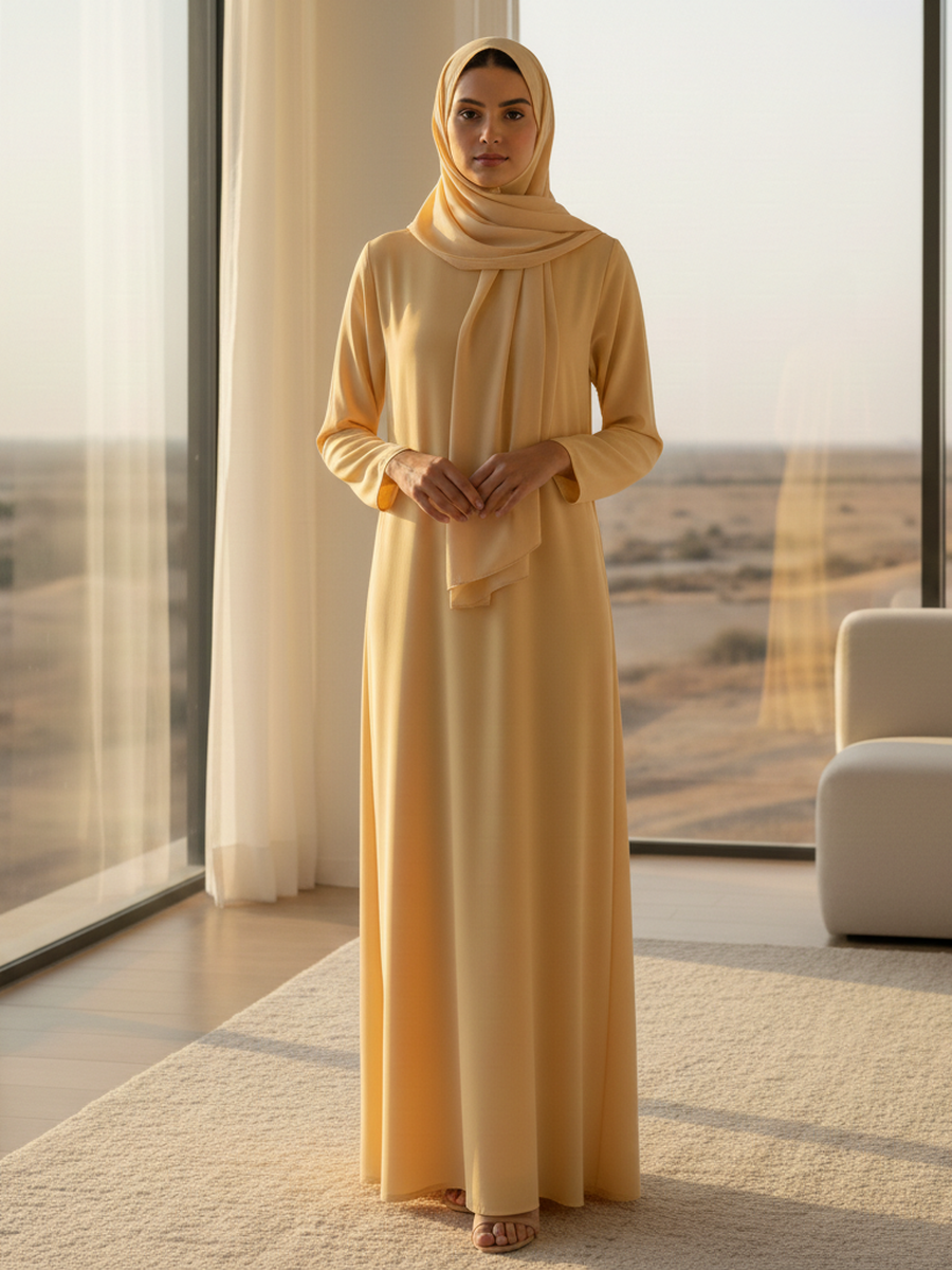 Gamis lebaran minimalis butter yellow