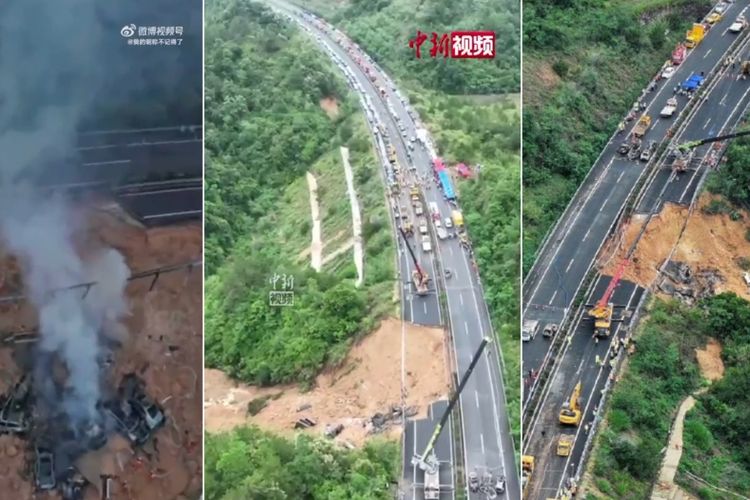 Jalan tol di China longsor, puluhan orang tewas dan kendaraan terjerumus.