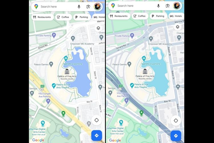 Google mengubah pola warna Google Maps. Warna yang paling terlihat ada pada warna jalanan yang menjadi abu-abu, Rabu (22/11/2023). 