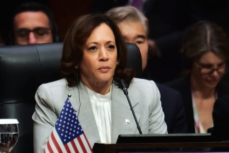 Wakil Presiden Amerika Serikat Kamala Harris dalam pertemuan bilateral dengan Presiden Joko Widodo di Jakarta Convention Center, Rabu (6/9/2023).