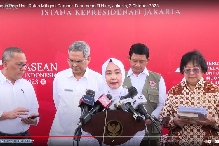 Kepala BMKG Dwikorita Karnawati memberikan update soal fenomena El Nino di Istana Negara, Jakarta, Selasa (3/10/2023).