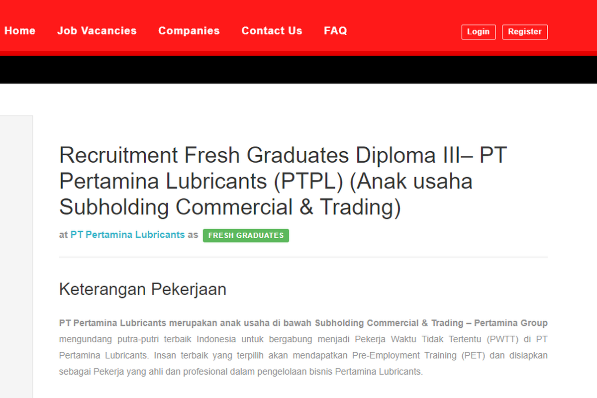 PT Pertamina Lubricants membuka lowongan kerja bagi lulusan D3 melalui program Recruitment Fresh Graduates.
