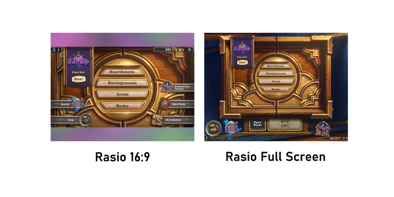 Perbandingan tambilan aplikasi Hearthstone dalam rasio 16:9 (bawaan pertama) dan rasio full screen setelah diatur ulang lewat menu App aspect ratios di pengaturan.