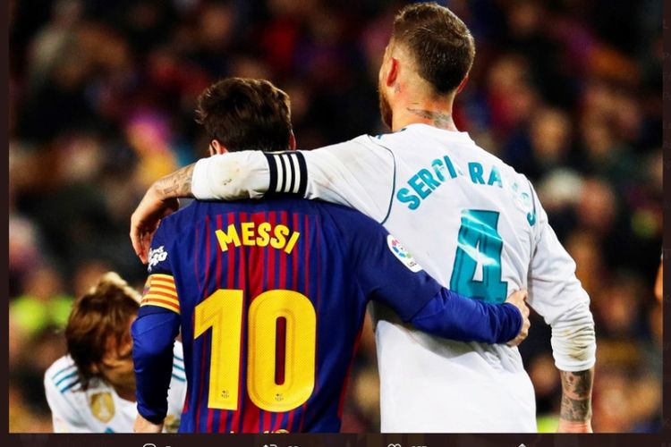 Lionel Messi dan Sergio Ramos dalam balutan jersey Barcelona dan Real Madrid. 