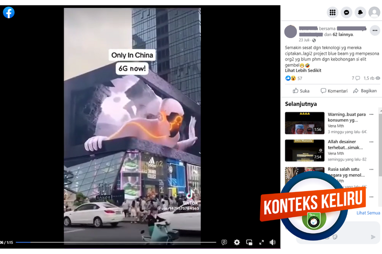 Tangkapan layar unggahan dengan konteks keliru di sebuah akun Facebook, 23 Juli 2023, yang mengaitkan papan iklan 3D dan jaringan 6D dengan proyek Blue Beam.