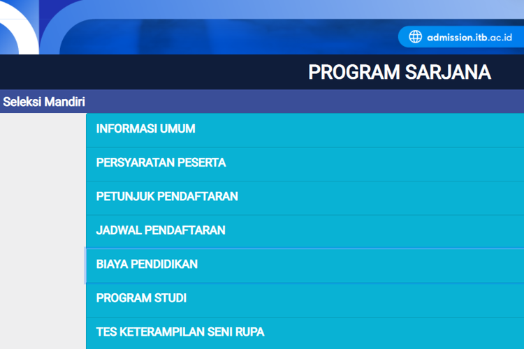 Tangkapan layar halaman depan Portal Informasi Penerimaan Mahasiswa Baru di Institut Teknologi Bandung (ITB).
