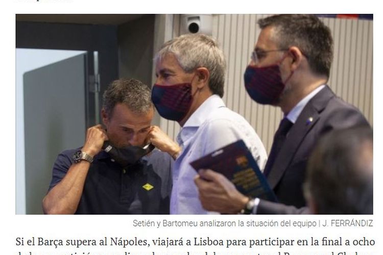 Tangkapan layar dari situs SPORT yang menunjukkan foto pelatih Barcelona, Quique Setien bersama presiden Josep Maria Bartomeu.