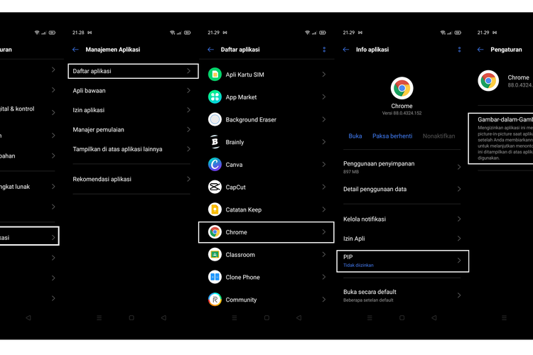 Langkah-langkah mengaktifkan fitur PiP pada Chrome di Android 10.