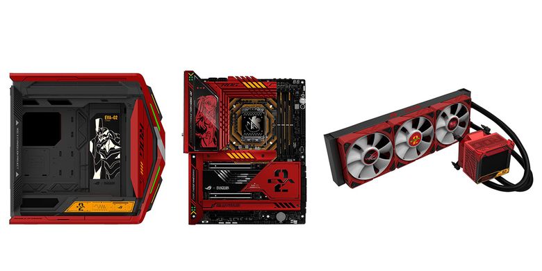 Casing, motherboard, dan AIO cooler bertema Evangelion EVA-02 dari Asus