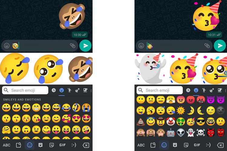 Aneka stiker Emoji Kitchen Gboard yang merupakan variasi dari gabungan emoji ekspresi wajah, saat digunakan di WhatsApp. 