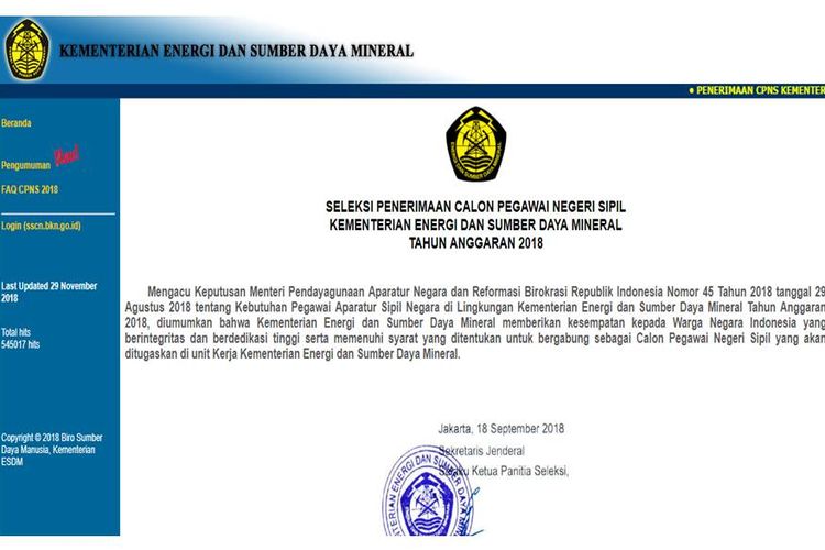 Beranda situs CPNS Kementerian ESDM