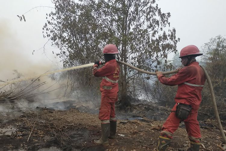 Kondisi karhutla yang terjadi di Kabupaten OKI, Sumatera Selatan masih dalam proses pemadaman oleh anggota Manggala Agni.