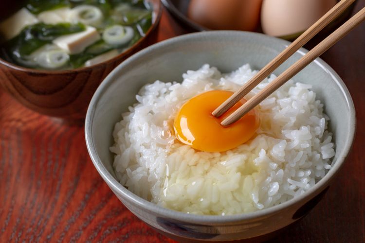 Ilustrasi tamago kake gohan khas Jepang, menu sarapan telur mentah. 