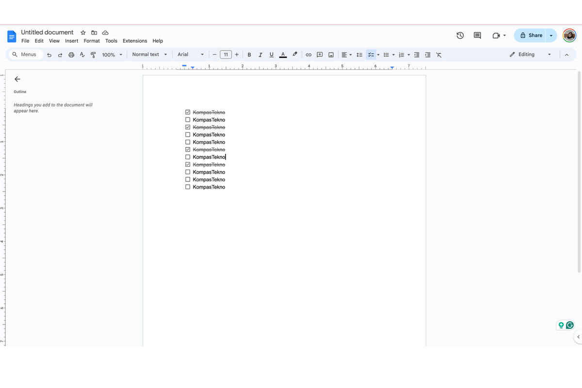 Ilustrasi ceklis di Google Docs