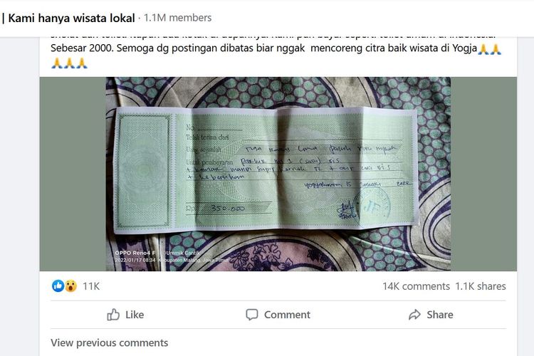 Media sosial Facebook dihebohkan dengan unggahan pemilik akun Facebook Kasri StöñDåkØñ yang menunjukkan sebuah foto kuitansi pembayaran parkir bus di wilayah Yogyakarta seharga Rp 350.000.