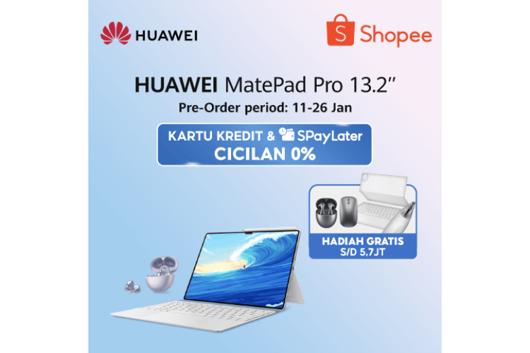 Dengan membeli HUAWEI MatePad Pro 13.2 di Shopee Mall, konsumen berkesempatan mendapatkan hadiah gratis dengan nilai hingga Rp 5,7 juta plus cicilan 0 persen untuk transaksi menggunakan SPayLater dan Kartu Kredit.