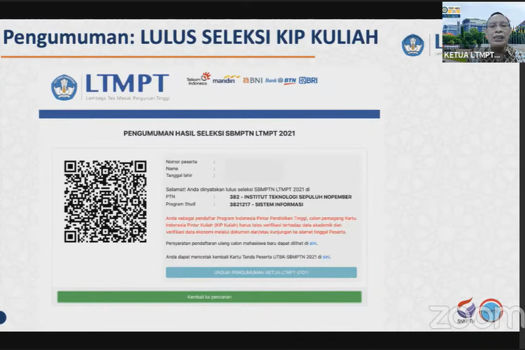 Penjelasan Ketua LTMPT soal status kelulusan SBMPTN 2021 dari jalur KIP Kuliah. Calon pemegang KIP Kuliah yang dinyatakan lulus hari ini, Senin (14/6/2021), masih bisa gugur bila tidak lolos tahap verifikasi data akademik dan ekonomi. 