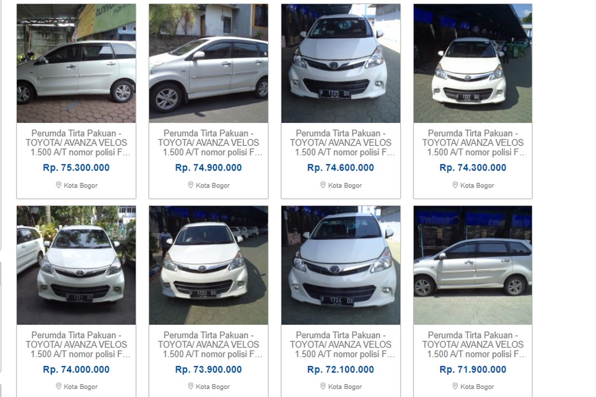 Tangkapan layar laman lelang 8 unit Toyota Avanza Veloz lansiran tahun 2013