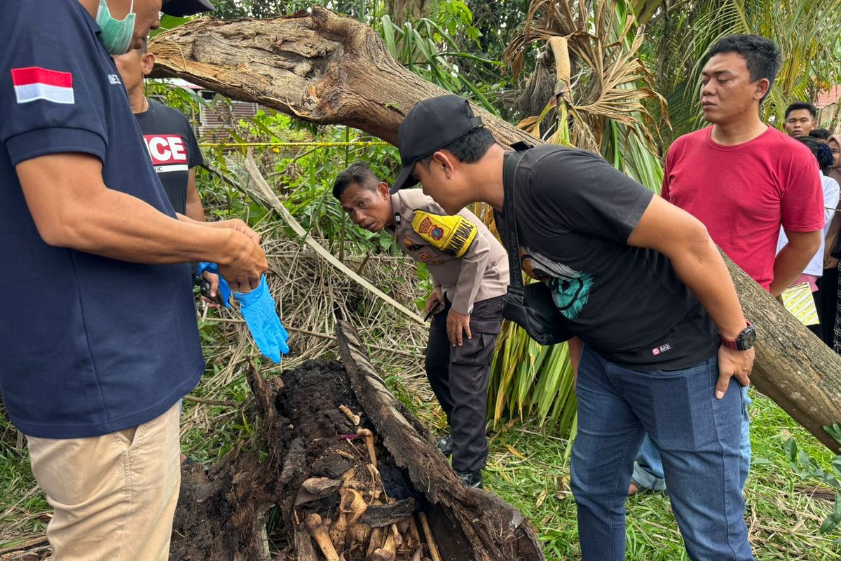   Polisi dan warga saat  melihat tumpukan tengkorak di pohon aren yang mati di Kecamatan Sei Rampah, Kabupaten Serdang Bedagai (Sergai), Sumatera Utara, Selasa (9/9/2025)