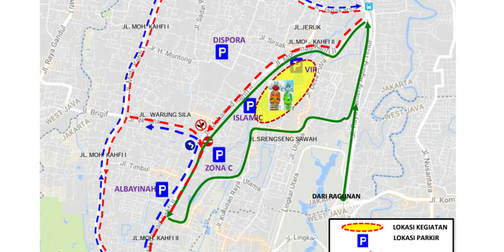 Peta rekayasa lalu lintas yang diterapkan selama Lebaran Betawi di kawasan Setu Babakan, Jakarta Selatan, 28-29 Juli 2018.