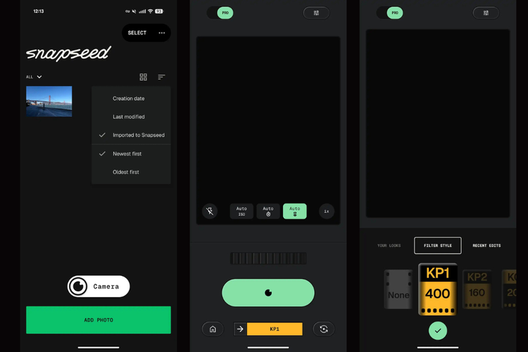 Tampilan homepage dan Snapseed Camera di Snapseed 4.0. Fitur kamera baru ini mendukung mode Pro serta simulasi film real-time yang terinspirasi dari Kodak, Fuji, hingga Polaroid.