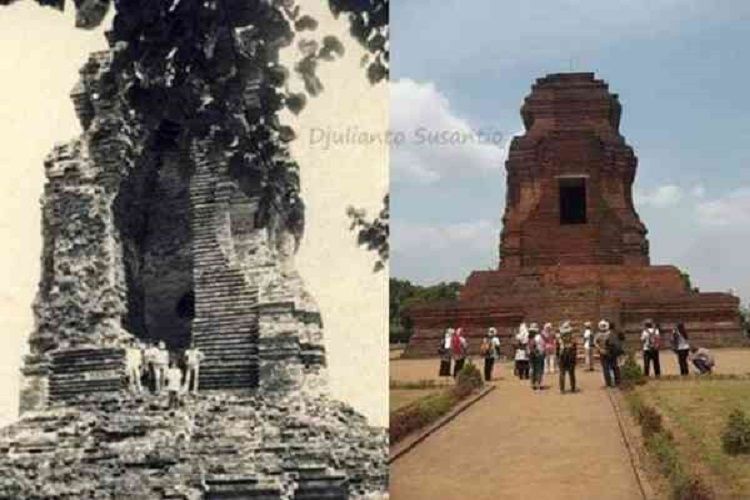 Tampak Candi Brahu tahun 1985 (kiri) dan tahun 2013 (kanan)