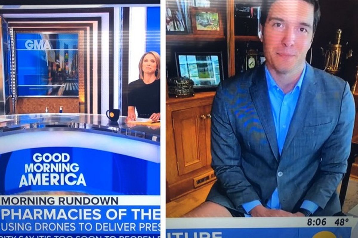 Will Reeve yang bekerja dari rumah, tampil tanpa celana panjang dan hanya memakai celana pendek selama sesi korespondensi di segmen kedua Good Morning America.