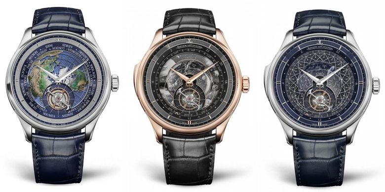 Jaeger-LeCoultre Master Grande Tradition Calibre 948, Jaeger-LeCoultre Master Hybris Artistica Calibre 945 Galaxia dalam bahan pink gold, dan Jaeger-LeCoultre Master Hybris Artistica Calibre 945 Atomium