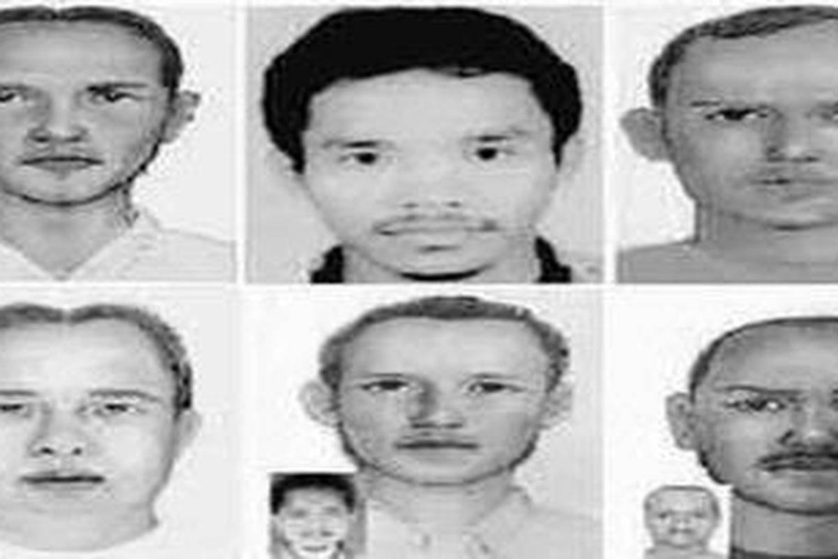 On clockwise (from top left corner): Umar a.k.a. Patek (35), Muhamad Ali Imron a.k.a. Alik (30), Dulmatin a.k.a. Amar Usman alias Muktamar a.k.a. Djoko Supriyanto (32), Umar a.k.a. Wayan (35), Fatih Fat a.k.a. Kudama alias Abu Umar a.k.a. Abdul Azis a.k.a. Heri a.k.a. Imam Samudra (35), dan Idris a.k.a. Jhoni Hendrawan alias Gembrot (35).