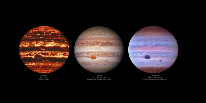Foto baru planet Jupiter ditangkap teleskop luar angkasa NASA Hubble. Ketiga gambar planet terbesar di Tata Surya ini diambil dalam tiga panjang gelombang berbeda. Dari gambar tersebut terungkap dinamika atmosfer Jupiter.