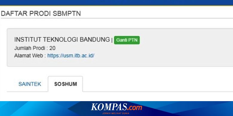 Daya Tampung 20 Prodi ITB pada SBMPTN 2020, Berikut  
