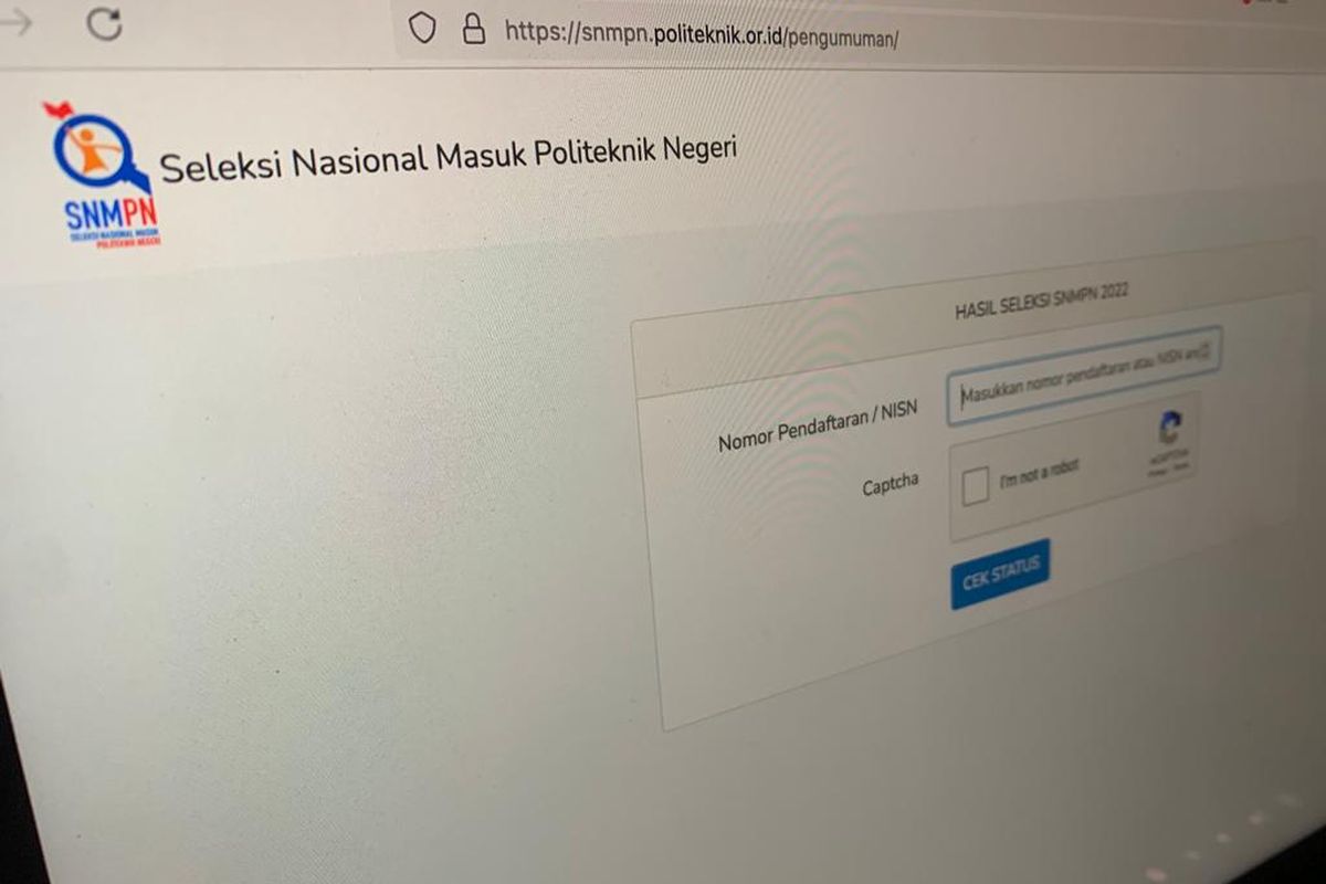 Tampilan halaman website snmpn.politeknik.or.id untuk melihat pengumuman hasil SNMPN 2022