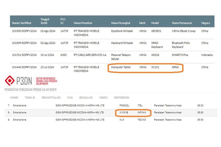 Nomor model Infinix Xpad di laman Postel Kominfo (atas) dan TKDN Kemenperin (bawah)