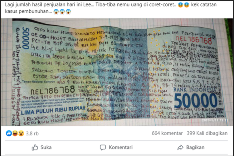 Tangkapan layar unggahan foto uang Rp 50.000 penuh corat-coret tulisan tangan.