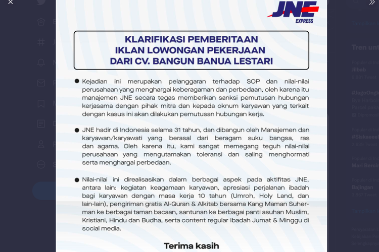 Klarifikasi JNE soal ramat tagar boikot JNE terkait lowongan pekerjaan yang mengharuskan karyawan beragam Islam