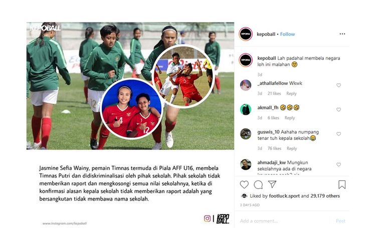 Tangkapan layar dari unggahan yang menyebutkan pemain timnas sepak bola putri Indonesia Jasmine Sefia Wainy alami diskriminasi dari pihak sekolahnya.