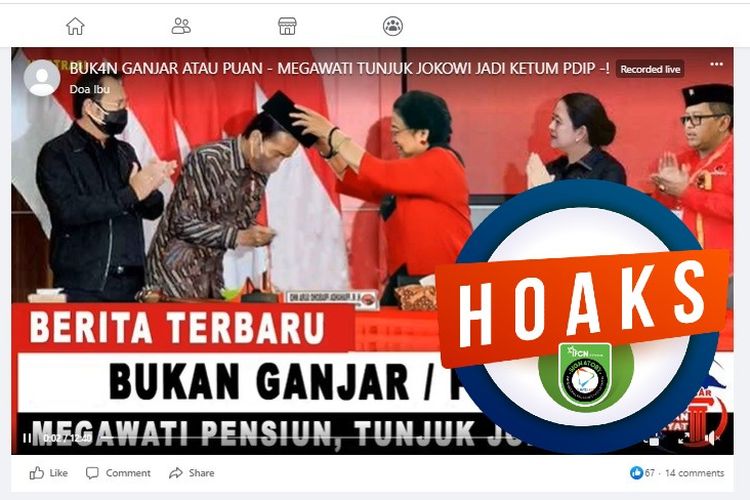 Tangkapan layar Facebook narasi yang menyebut Megawati menunjuk Jokowi sebagai Ketua Umum PDI-P