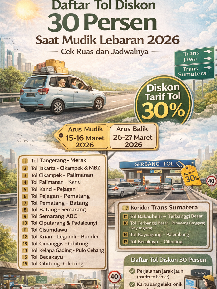 Daftar Tol Diskon 30 Persen Saat Mudik Lebaran 2026, Cek Ruas dan Jadwalnya.