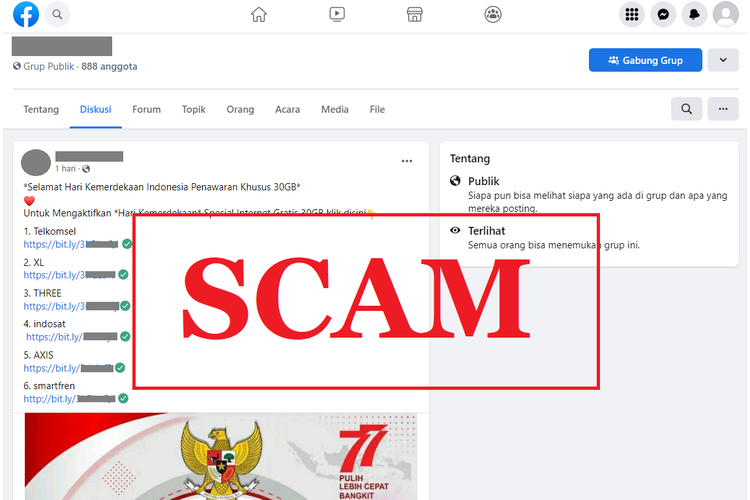 Tangkapan layar sebaran link scam di sebuah akun Facebook, Senin (15/8/2022), menawarkan data internet gratis sebesar 30 GB mengatasnamakan berbagai operator.