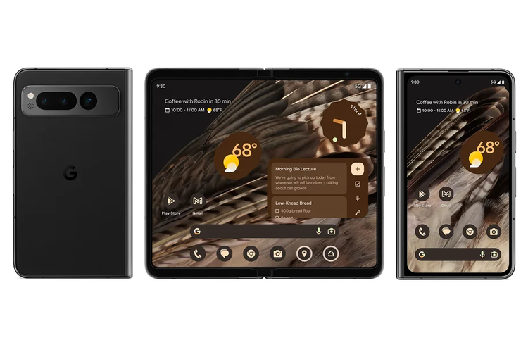 Tampang bagian belakang, layar utama, dan cover screen Google Pixel Fold.