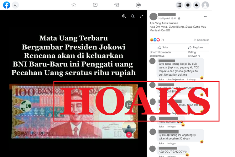 Tangkapan layar unggahan hoaks di sebuah akun Facebook, 3 Juli 2021, mengenai uang kertas pecahan Rp 100 bergambar Jokowi.