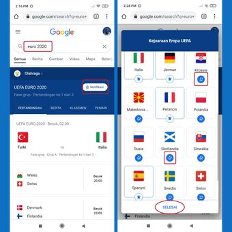 Cara menyetel reminder jadwal pertandingan Euro 2020 lewat Google Search.