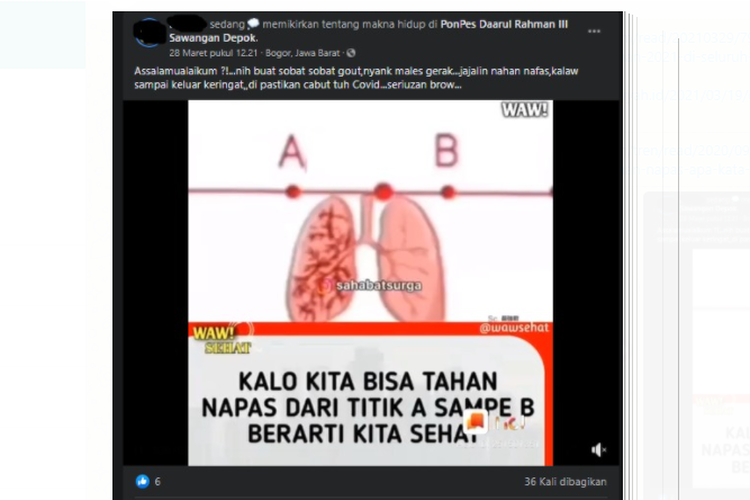 Tangkapan layar unggahan video soal uji kondisi paru dari Covid-19 dengan menahan napas selama beberapa detik.