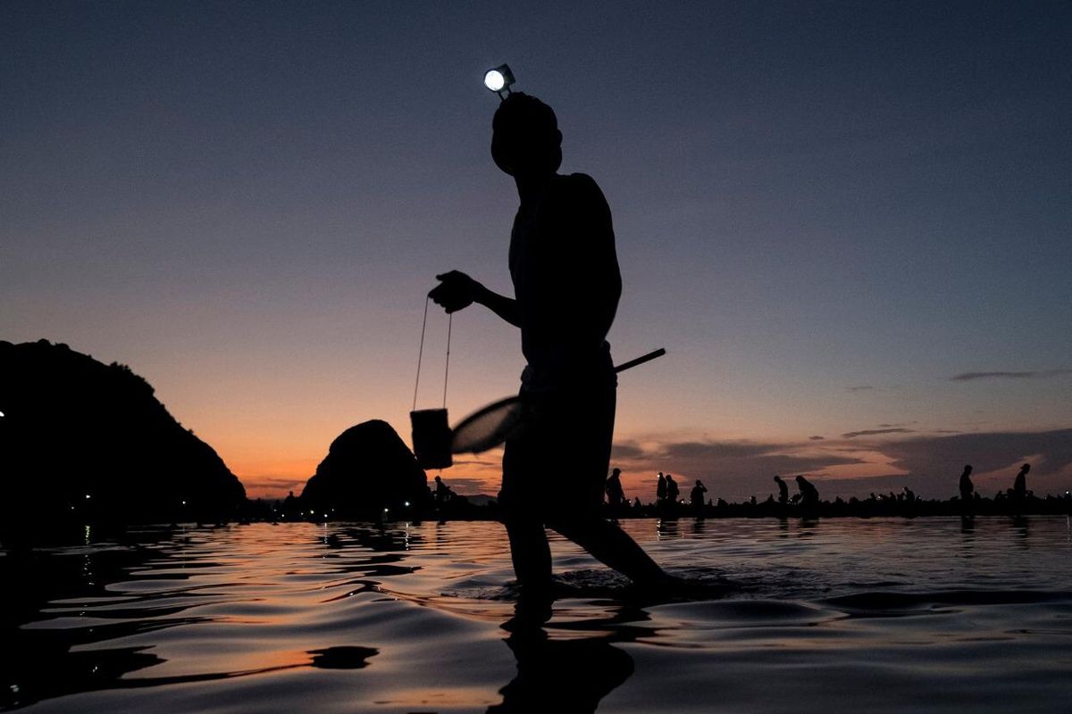 Warga berburu nyale di Pantai Seger, Lombok Tengah, NTB, dalam Festival Pesona Bau Nyale 2020. 