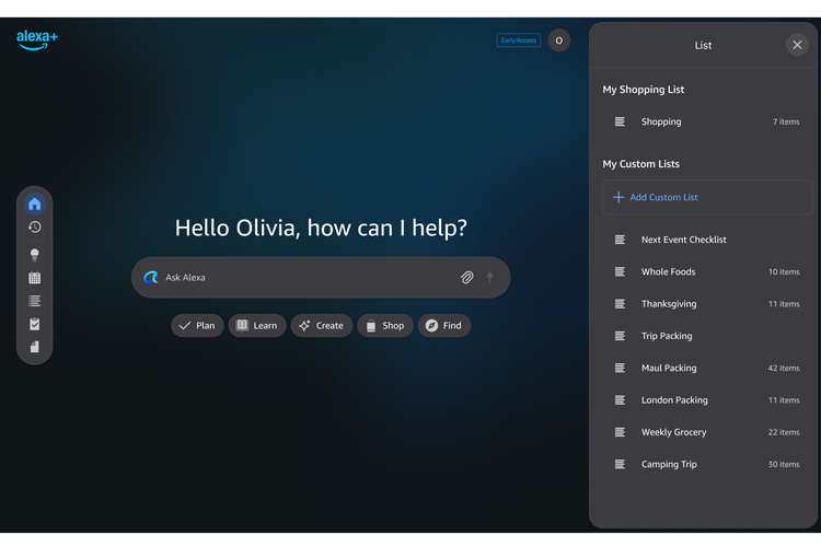 Alexa.com juga dilengkapi sidebar navigasi yang memudahkan pengguna mengakses fitur yang sering dipakai, seperti mengecek jadwal, mengatur termostat (pengatur suhu AC, kulkas, oven, dll), atau melihat daftar belanja. 
