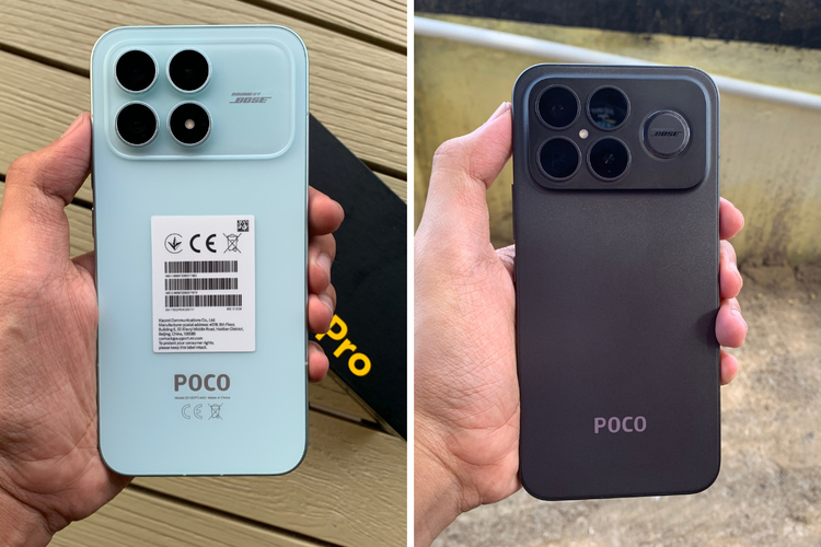 Bodi punggung Poco F8 Pro (kiri) dan F8 Ultra (kanan) yang sama-sama memiliki finishing mengkilap sehingga menahan kesan mewah. Meski mengkilap, grip keduanya tidak licin dan masih bisa digenggam dengan nyaman menggunakan satu tangan.